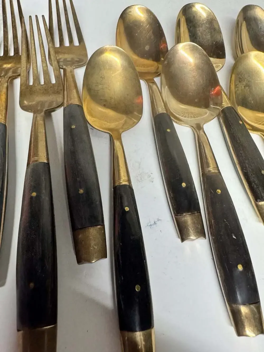 Vintage Mid-Century Brass and Black Buffalo Horn Handle Flatware Set